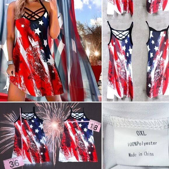 Patriotic Set l Sundress & Mesh Earrings l Criss-Cross Design l OX l New - Picture 5 of 10